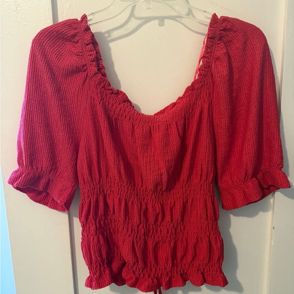 Anthropologie Red Ruched Puff Sleeve Blouse - Picture 2 of 3
